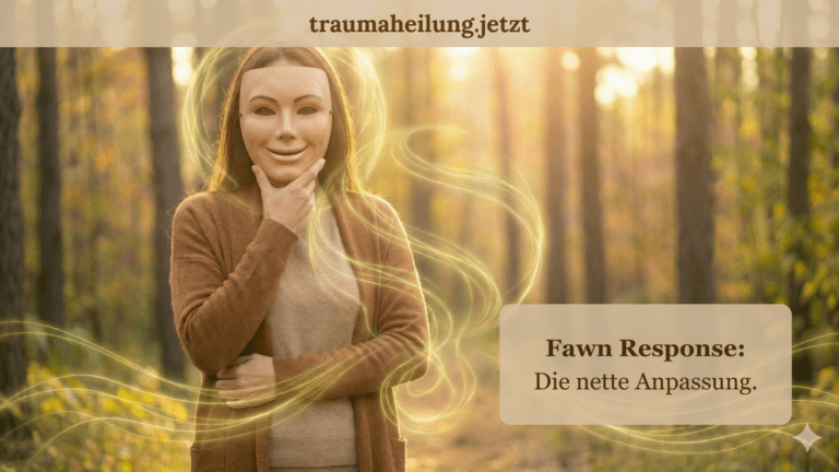Frau, die eine lächelnde Maske vor das Gesicht hält um Unterwerfung (Fawn Response) zu signalisieren