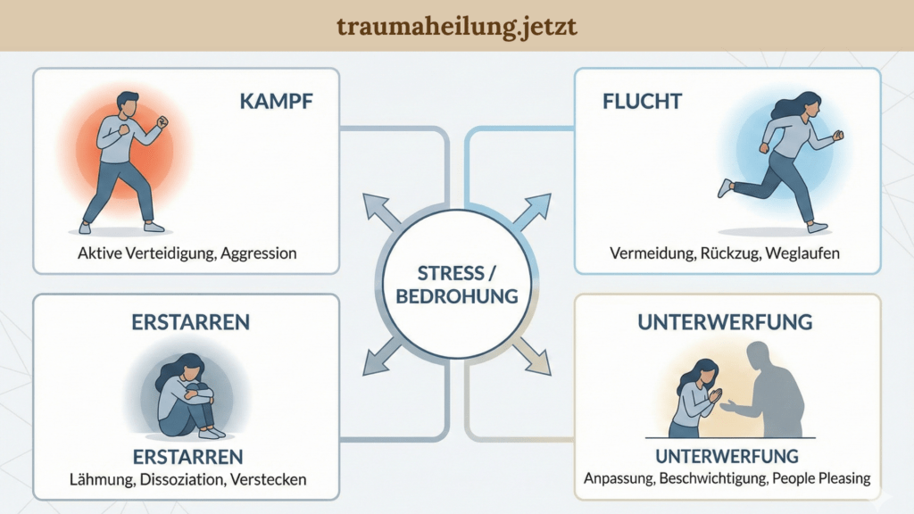Grafik über die 4 Schutzreaktionen: Kampf, Flucht, Erstarrung/Dissoziation, und Unterwerfung (Fawn Response)